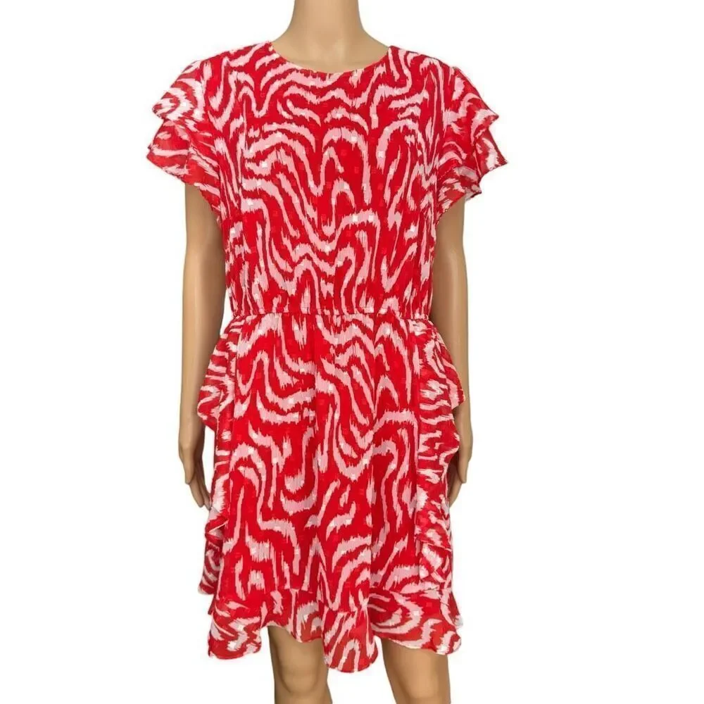 Anthropologie Dolan Women's Julia Clip Dot Jacquard Chiffon Dress Red Tiger Sz L - Picture 2 of 9
